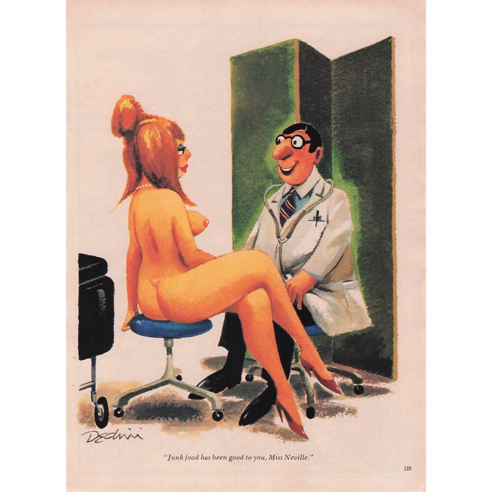 Vintage Cartoon Art funny humor Junk Food doctor sexy woman long legs high heels